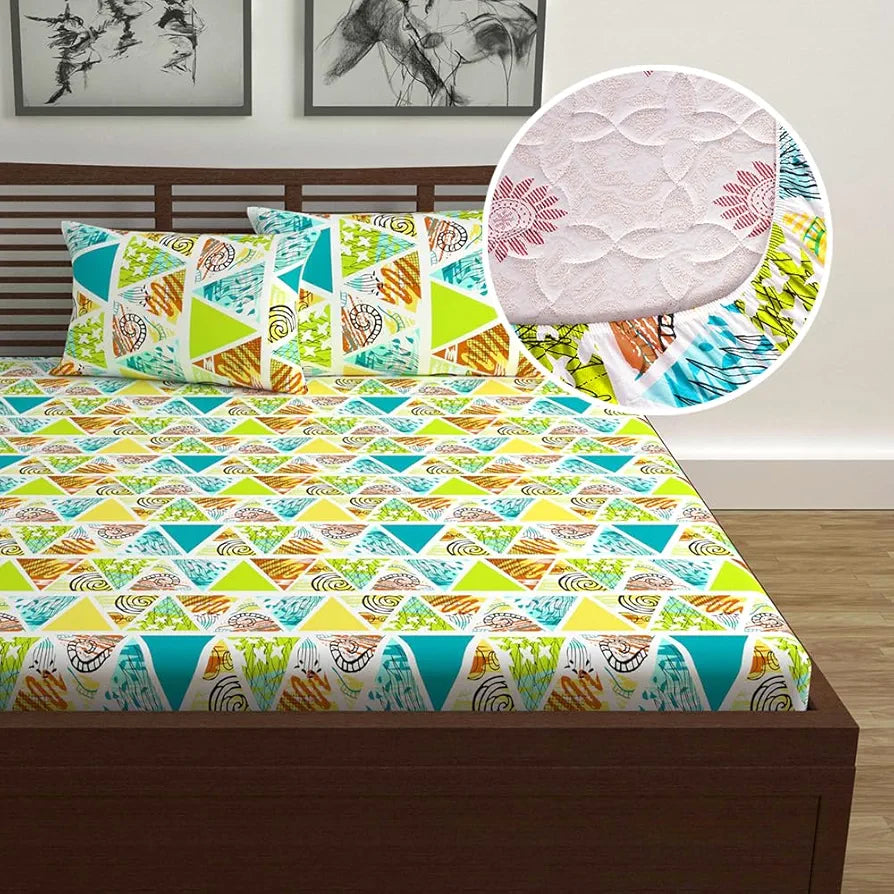 Divine Casa 144 TC Cotton Geometric Print Queen Size Double Bed Elastic Fitted Bedsheet with 2 Pillow Cover Colour Sunny Lime Punch