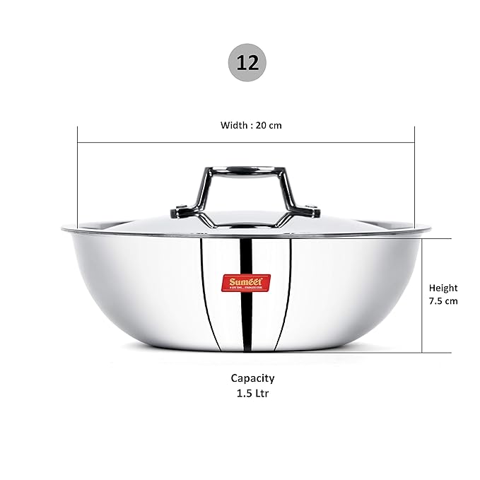 Sumeet Cook Smart Tri-Ply SAS Steel Aluminium Steel| 3 Layers Tasra with Lid (1.5 L| 22 cm)