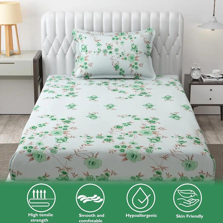 Fresh From Loom Floral Print 240 TC Microfiber Single Bed Bedsheet Set with 1 Pillow Covers Soft-Cyan