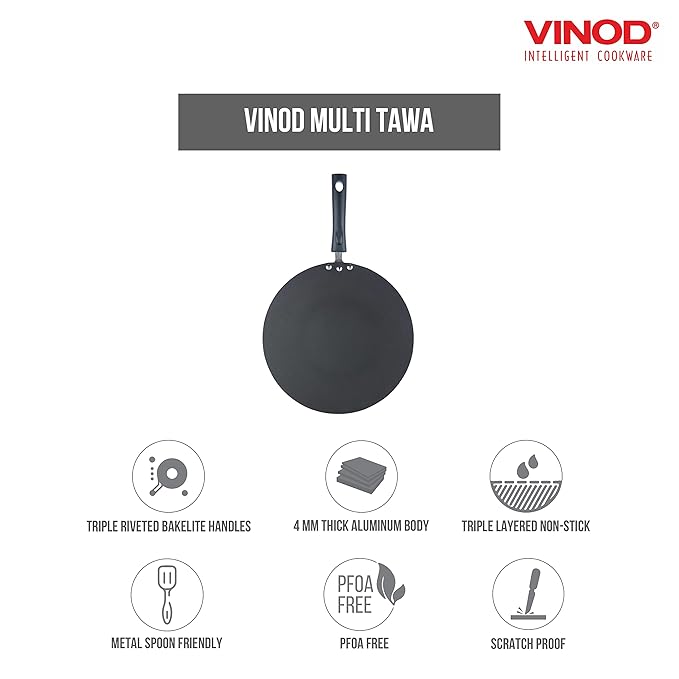 Vinod Zest Aluminium Non Stick Flat Multi Tawa - 32.5 cm | Triple Layer Ceramic Coating | 4mm Extra Thick Roti Tawa
