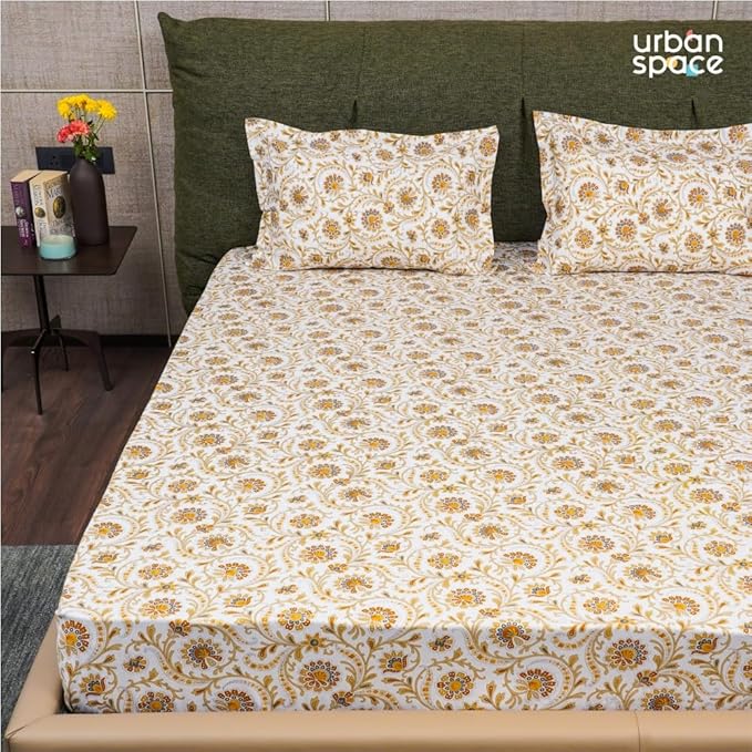 Urban Space Serene Bedsheet for Double Bed 2 Pillow Covers (Colour Guldaudi Floral Brown)