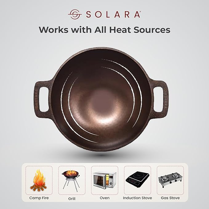 Solara Pre Seasoned Cast Iron Kadhai | 25 Cm, 2.5 Kg | Naturally Nonstick Cast Iron Kadai With Flat Handles | 2.3 Litres