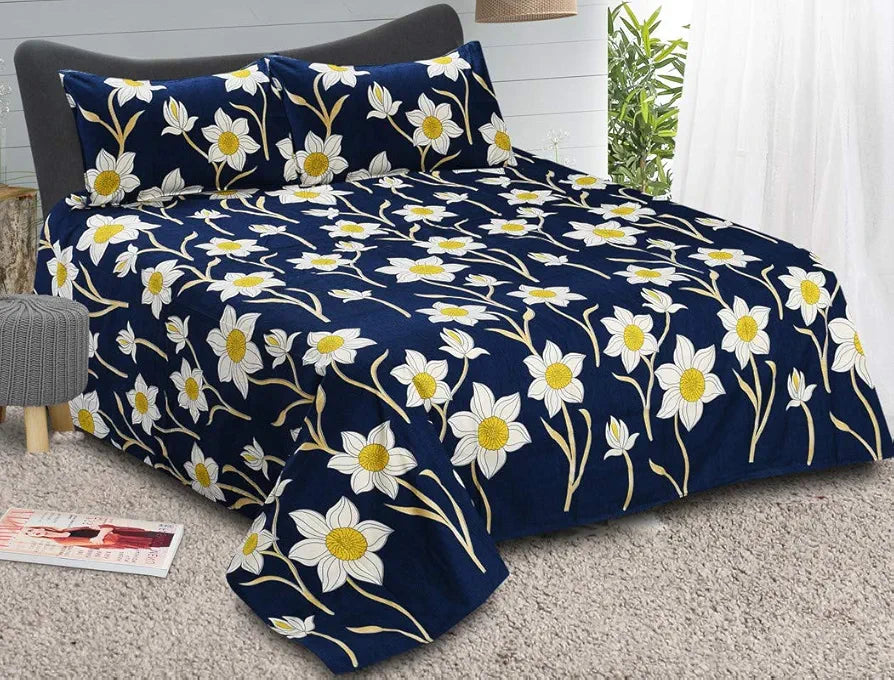 Fresh From Loom 144 TC King Bedsheet for Double Bed Floral Design Bed Spread 2 Pillow Covers Royal Blue