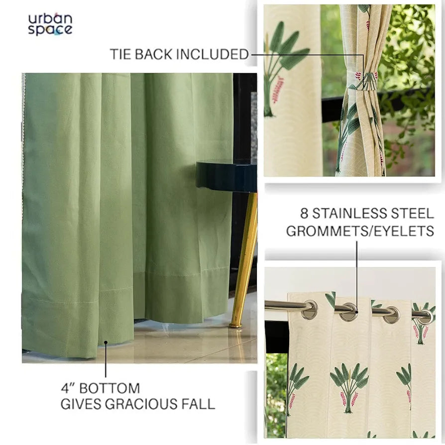 Urban Space Cotton Curtains for Door Combo Set of 3 Room Darkening Curtains for Home Decor Palm Lagoon Green & Aura Green