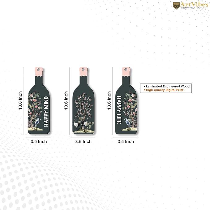 Artvibes Happy Mind Happy Life Wooden Wall Hanging for Home Decor | Decorative Mdf Wall Hanger Artwork | Set of 3