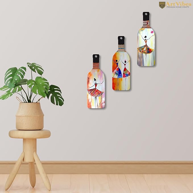 Artvibes Abstract Art Dancing Girl Wooden Wall Hanging for Home Decor | Set of 3