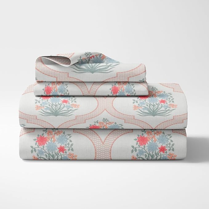 Haus & kinder Cotton Queen Size Bedsheet for Double Bed (90 X 100 Inches) with 2 Pillow Covers | 186 TC | Pink White Floral 1