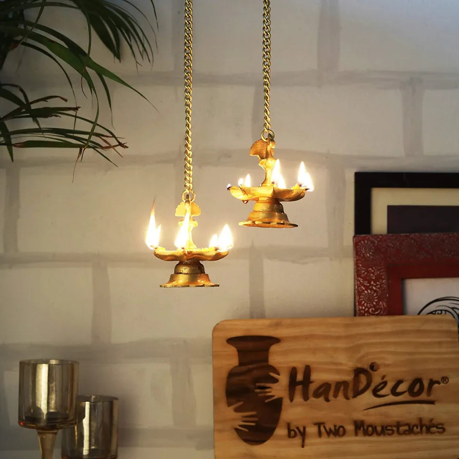 Two Moustaches Peacock Design Brass Hanging Diya Pair