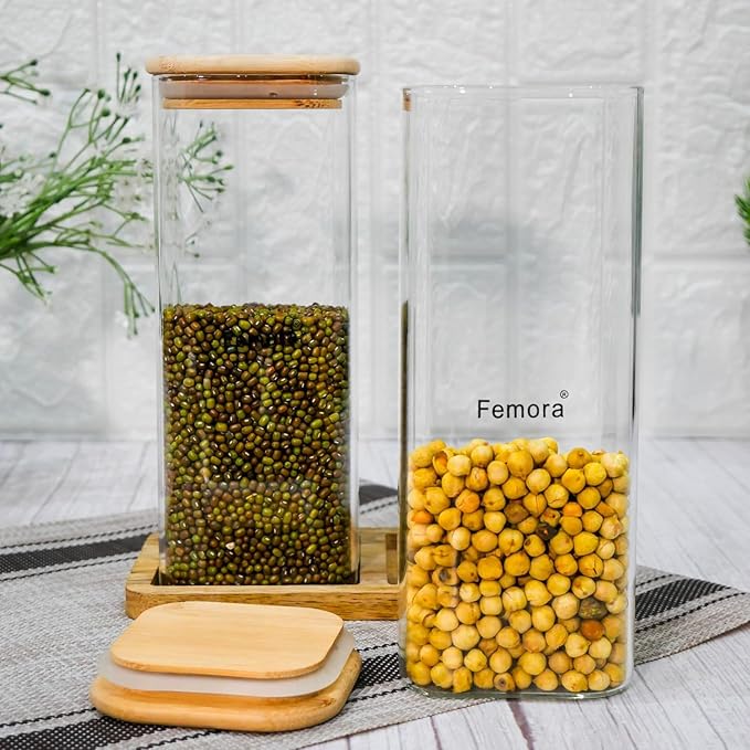 Femora Kitchen Storage Jars Borosilicate Glass Jar With Wooden Lid Air Tight Jar | 1000 Ml | Pack of 2