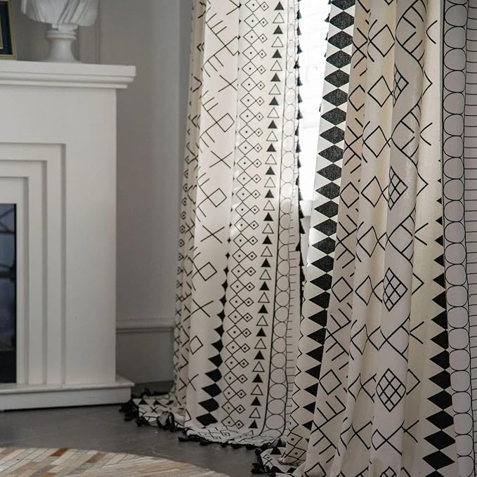Huesland Cotton Curtains for Door, 7 Feet Long 1 Bohemian Eyelet Curtain | Boho Tribal White & Black