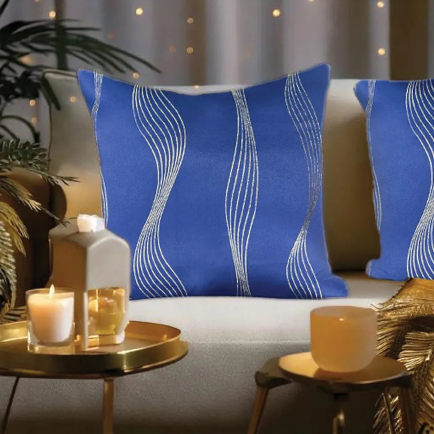 Urban Space Decorative Gold Foil Cushion Cover Set of 2 Cushion Covers for Sofa, Bedroom, Living Room Double Wave Navy