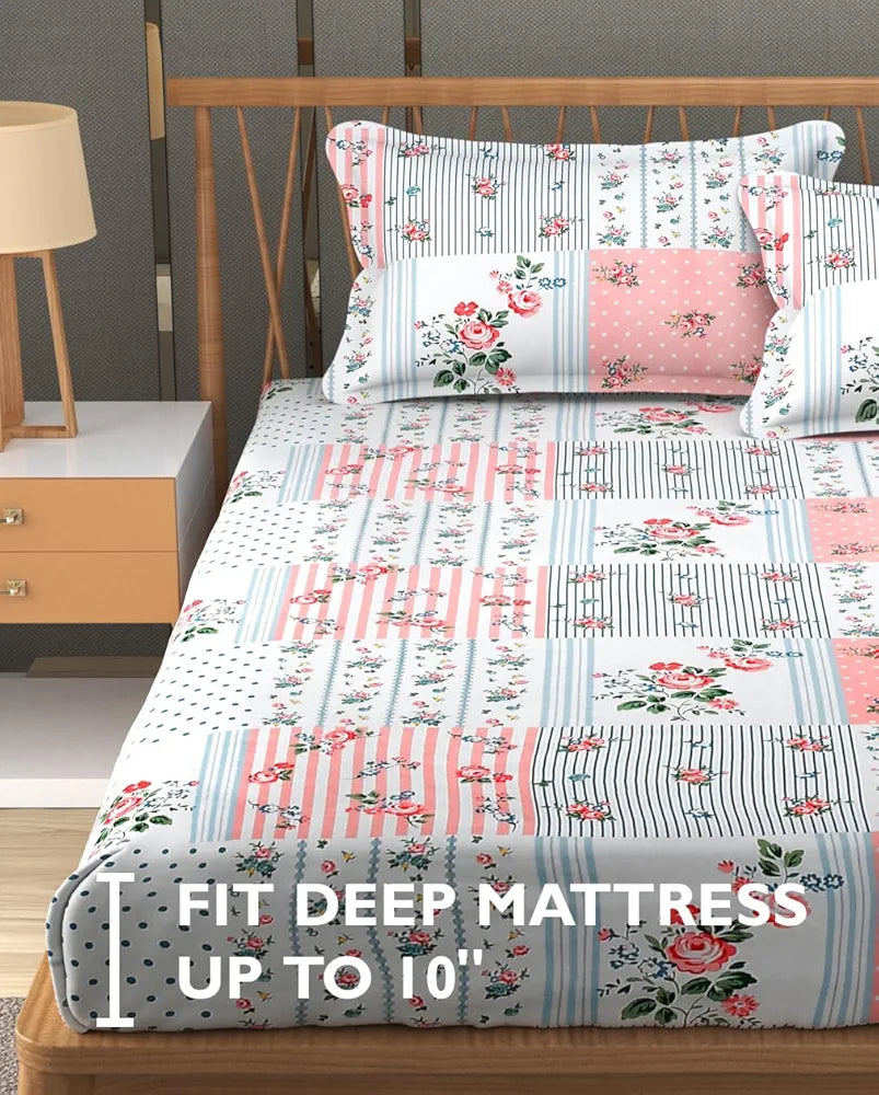 Fresh From Loom Floral Print King Size Fitted Bedsheet Set Microfiber 240 TC 2 Pillow Covers Pink White