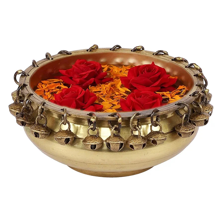 Two Moustaches Ethnic Traditional 6 Inches Brass Urli Bowl with Bells