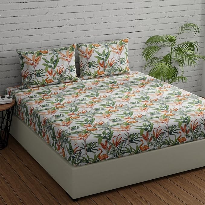 Huesland by Ahmedabad Cotton 144 TC Cotton Bedsheet for Double Bed King Size with 2 Pillow Covers | Flamingos Orange