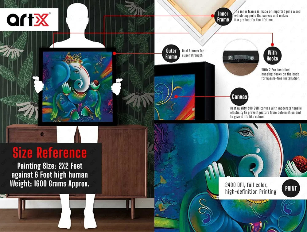 ArtX Ganesh Ji Big Canvas Painting With Frame Multicolour Square