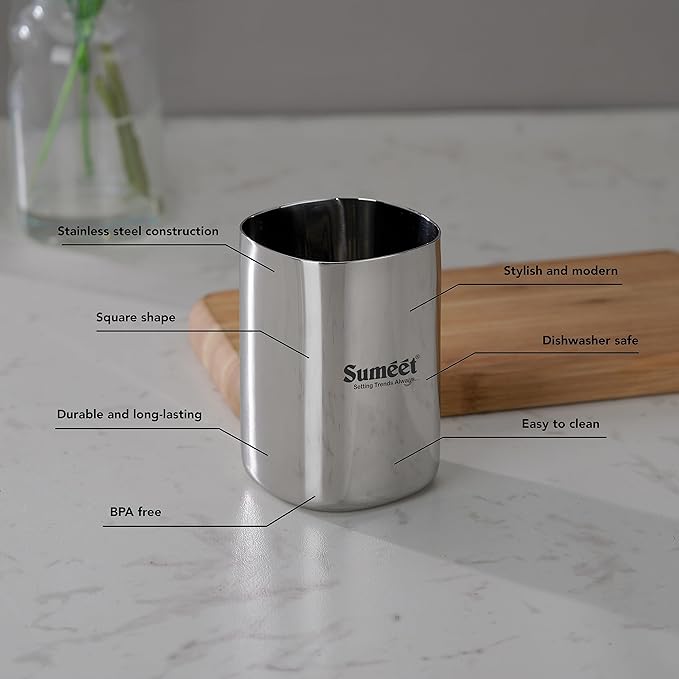 Sumeet Stainless Steel Mirror Finish Square Shape Heavy Gauge Glass Set of 6 Pcs 6.5cm 350ml Each