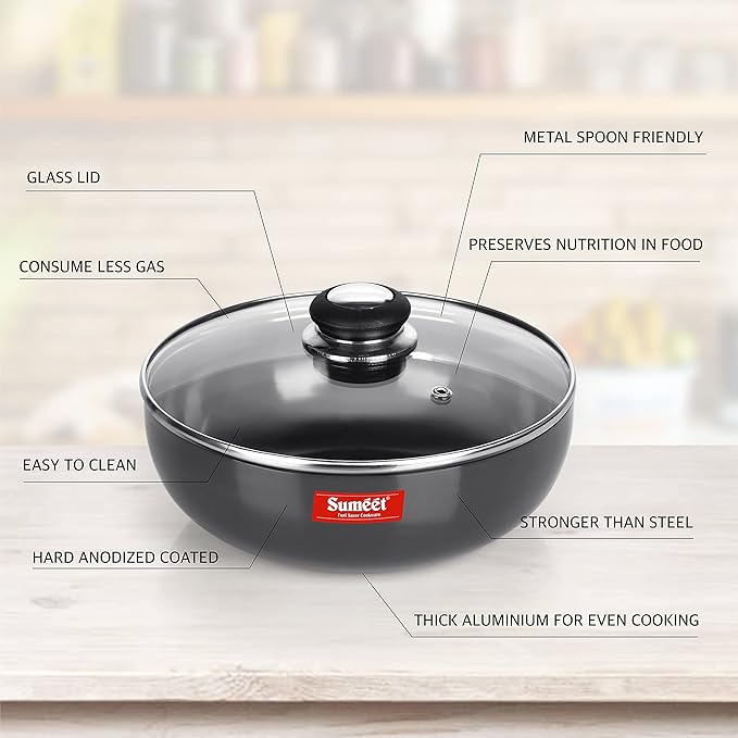 Sumeet 3mm Hard Anodized Deep Tasla with Glass Lid Size No - 14 (26.5 cm 3.75 Liters)