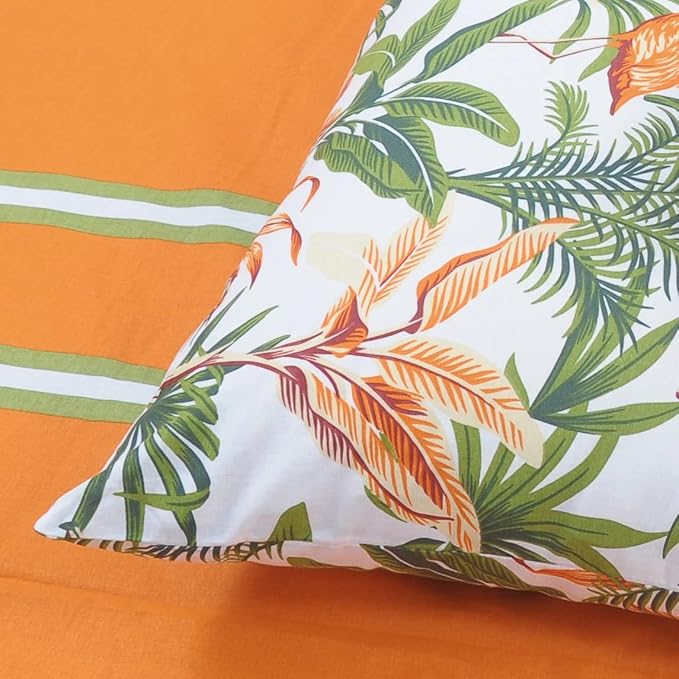 Huesland by Ahmedabad Cotton 144 TC King Size Bedsheet Cotton with 2 Pillow Covers | Stripes & Flamingos Orange & Green
