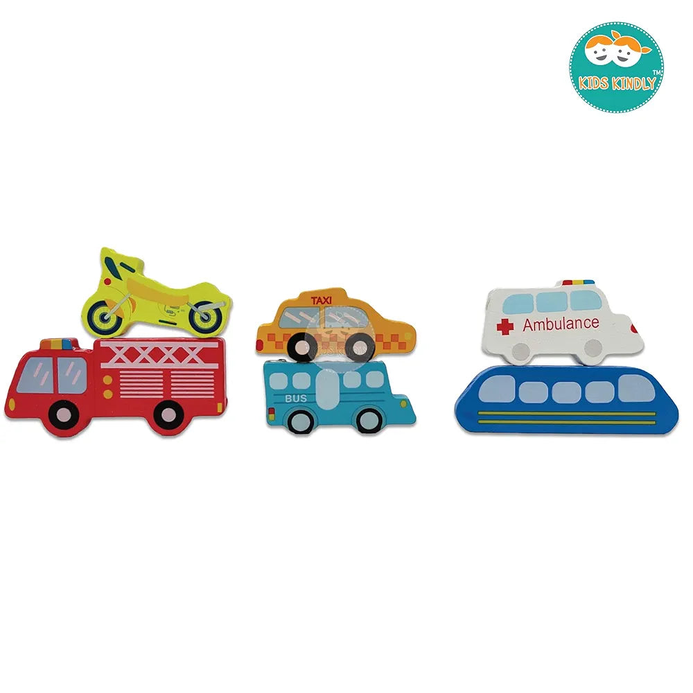 KIDS KINDLY Wooden Stacking & Sorting Puzzle – Vehicles/Transport Theme, Monteszori Toys, Jigsaw Puzzles, Wooden Toys for Kids, Age 3+