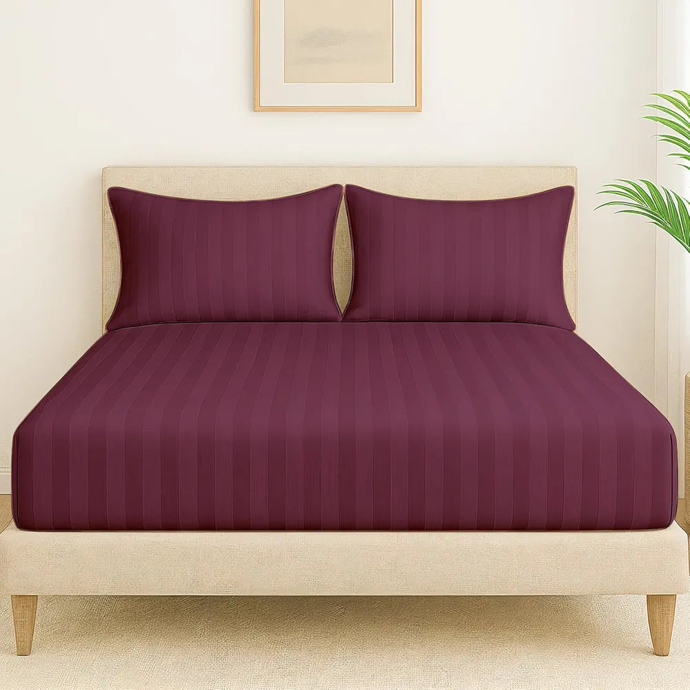 Cloth Fusion Elastic Fitted Glace Cotton Satin Striped Bedsheet Queen Size with 2 Pillow Covers Wine