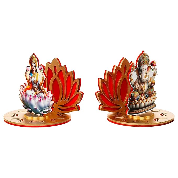 Ecraftindia Set of 2 Mdf Wooden Goddess Lakshmi and Lord Ganesha Sitting on Lotus Flower Decorative Showpieces