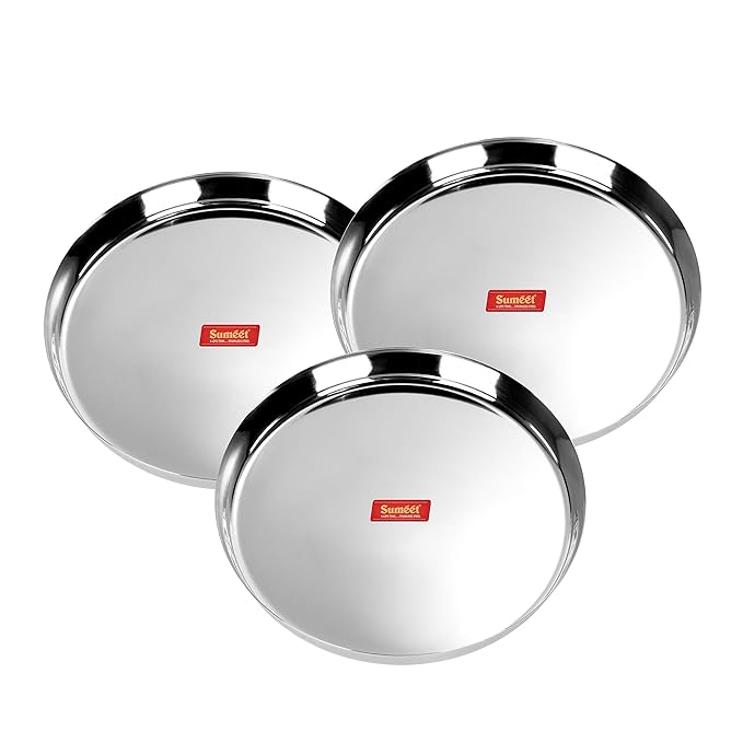 Sumeet 22 Gauge Stainless Steel Traditional Dinner Plate/Thali 28.5 Cm Set of 3pc