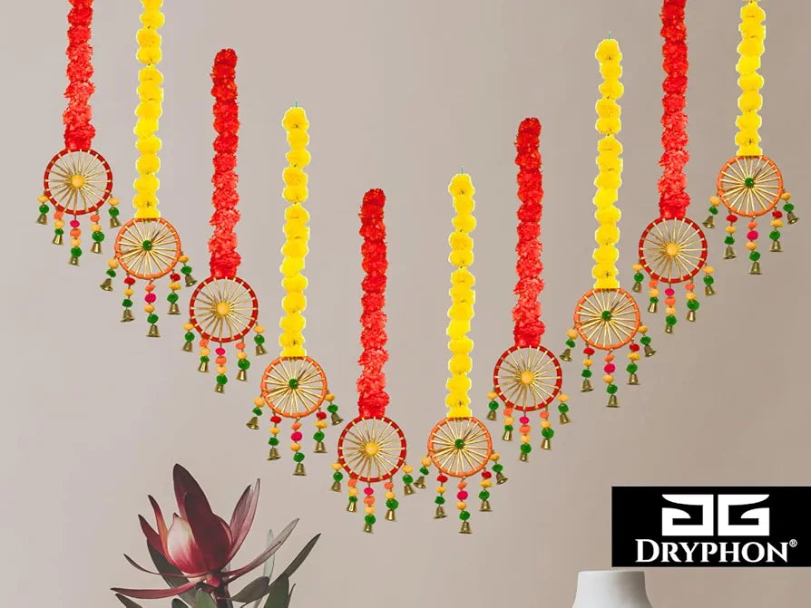 Artificial Marigold Flowers for Decoration with Pom Pom Ring Bell Hanging Yellow Orange