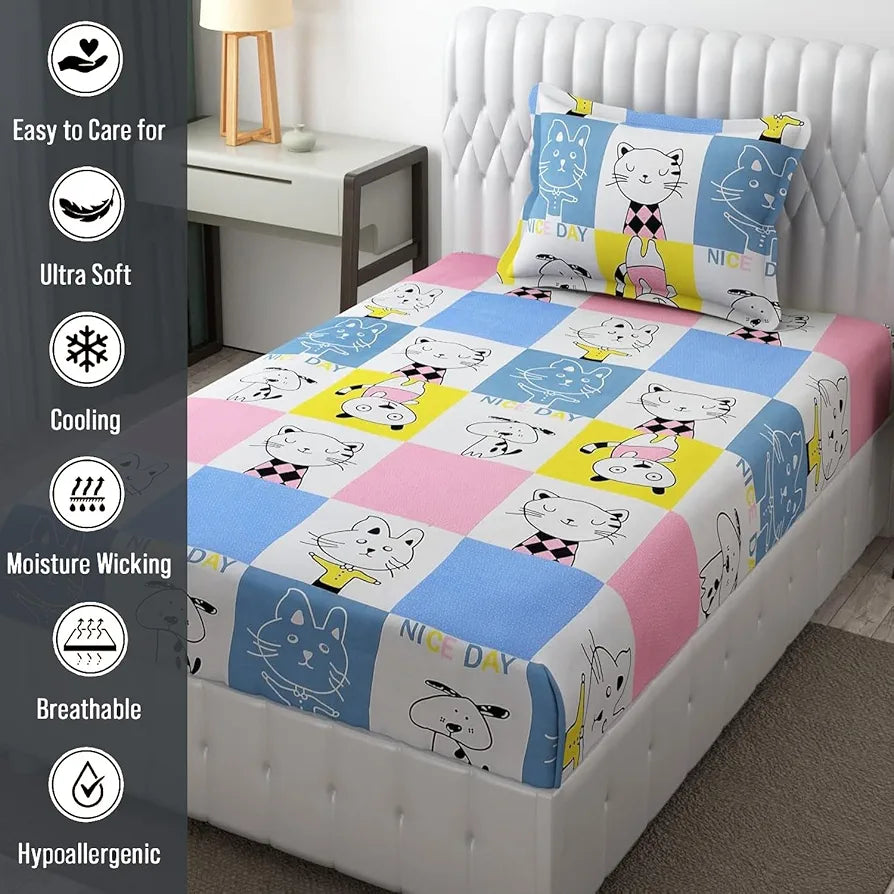 Fresh From Loom Hypoallergenic Glace Cotton Kids Single Bedsheet-Rotary Printed Wrinkle Free With 1 Pillow Covers 144 TC Aqua Pink