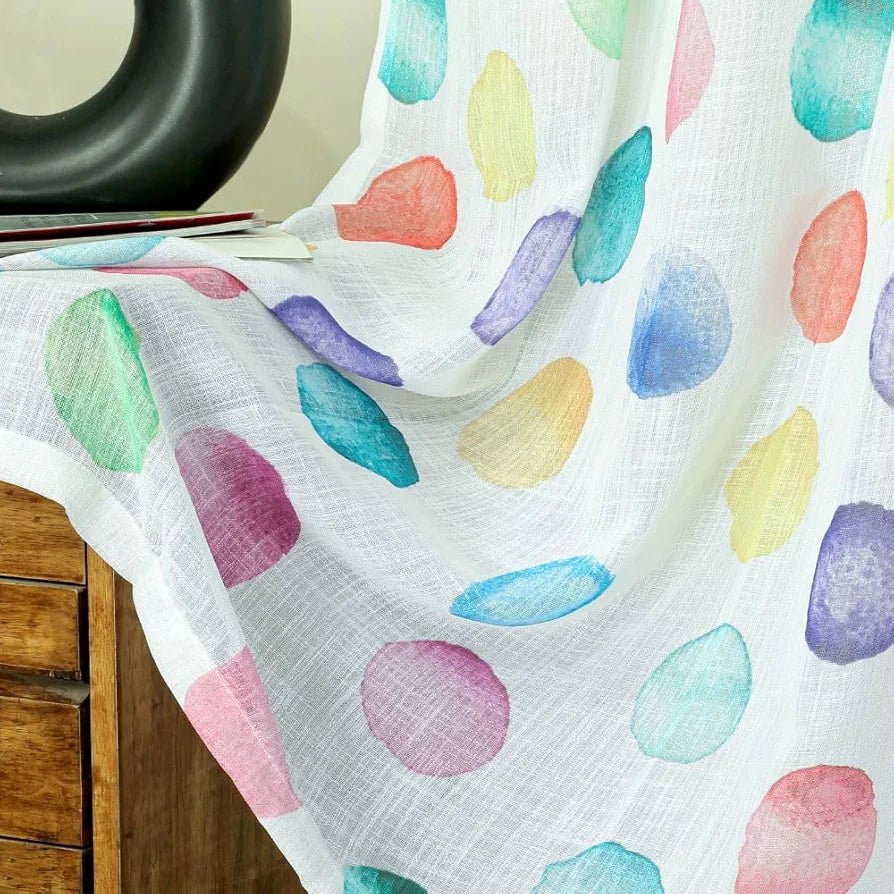 Homadorn Linen Sheer Printed Semi Transparent Curtains for Window Set of 2 Rainbow Circles