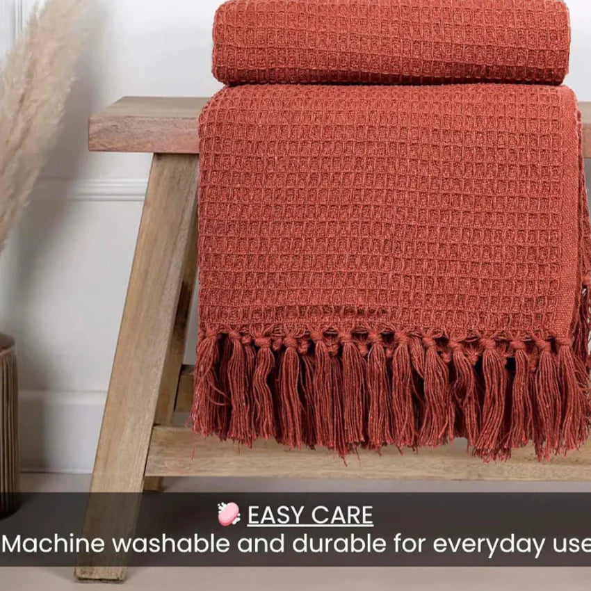 Homadorn Waffle Weave Cotton Throw Blanket Colour Rust