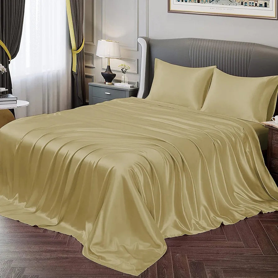 Cloth Fusion Satin Bedsheet for King Size Bed Set of 1 & 2 Pillow Covers H603 115 TC Beige