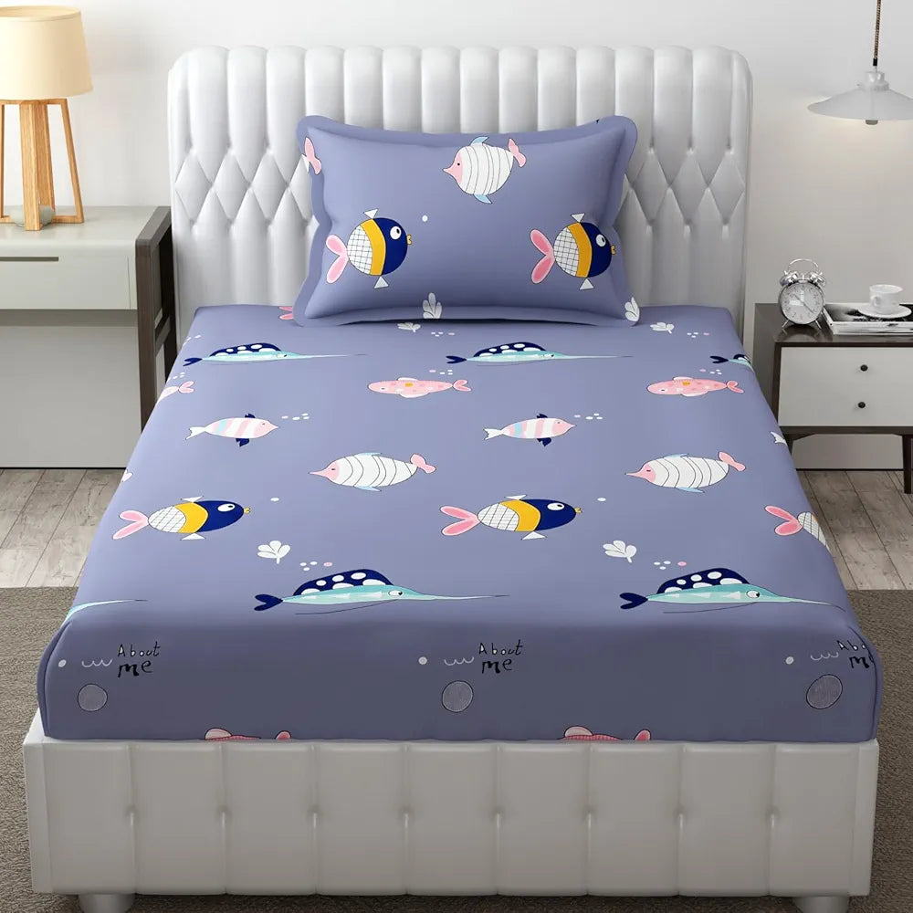 Fresh From Loom Glace Cotton 300 tc Wrinkle Elastic Fitted Cartoon Printed Bedsheets for Kids with 1 Pillow Fish Blue Smallsingle