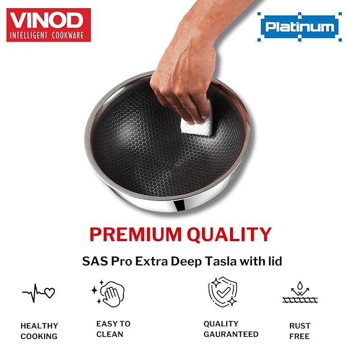 Vinod SAS Pro Platinum Triply Stainless Steel Extra Deep Tasla with Lid - 1.8 Litre | Tri ply Tasla Kadai with Induction Base