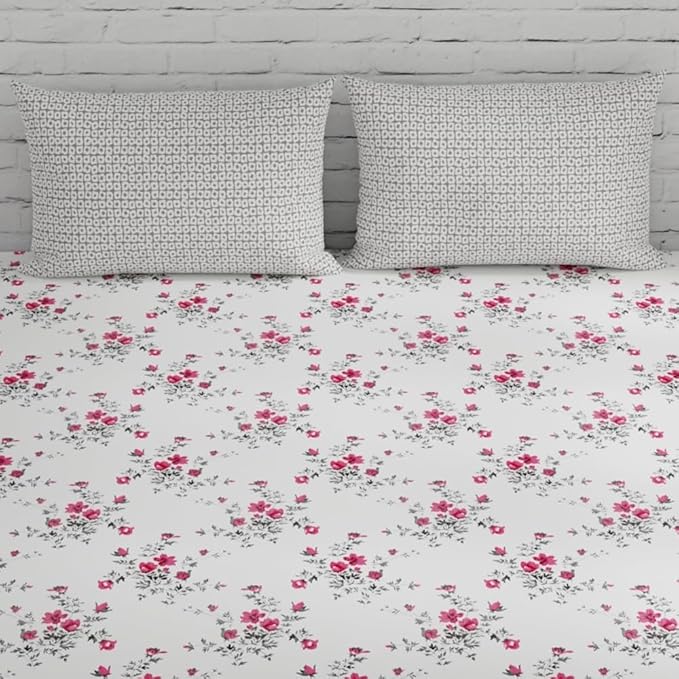 Huesland by Ahmedabad Cotton 144 TC King Size Bedsheet Cotton with 2 Pillow Covers | White, Light Coral & Grey