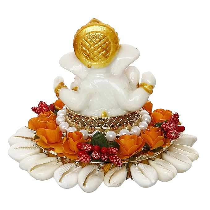 Ecraftindia Polyresin Lord Ganesha Idol on Shells and Orange Floral Decorative Handcrafted Plate