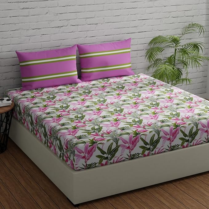Huesland by Ahmedabad Cotton 144 TC Cotton Bedsheet for Double Bed King Size with 2 Pillow Covers |Flamingos & Stripes Pink & Green