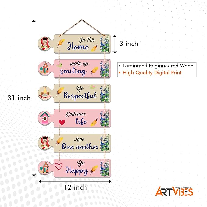 Artvibes Home Quotes Decorative Wall Art Mdf Wooden Wall Hanger for Living Room | Set of 6