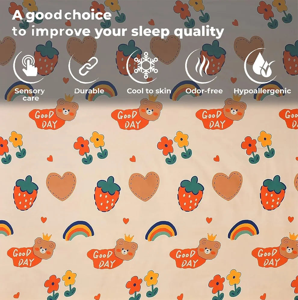 Fresh From Loom Elastic Printed Fitted Bedsheet For Kids For Single Bed With 1 Pillow Cover Small Single Beige 300 TC Pale