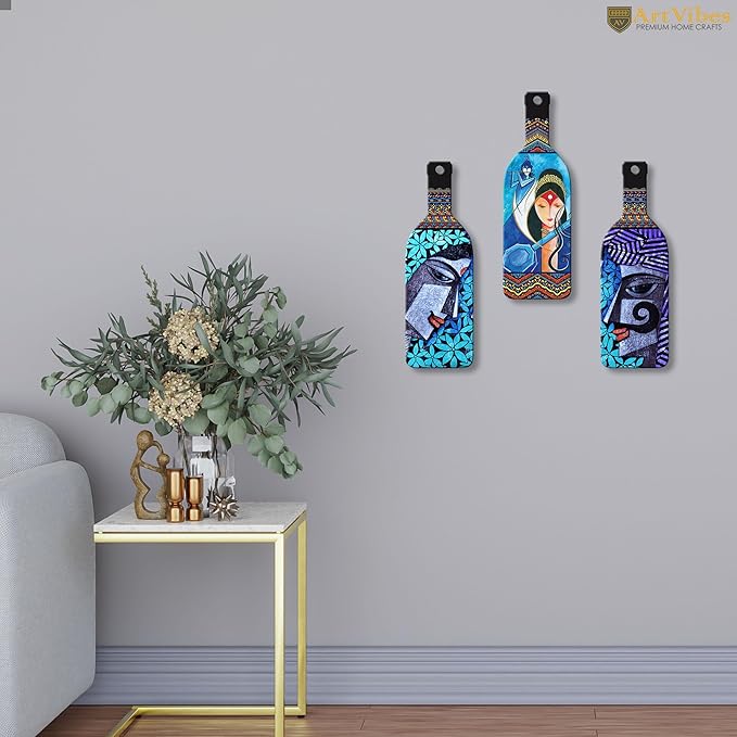 Artvibes Abstract Art Radha Krishna Wooden Wall Hanging for Home Decor | Set of 3