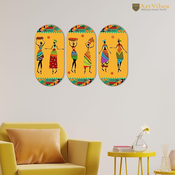 Artvibes African Warli Art Wooden Wall Hanging Decoration Items for Home | Set of 3