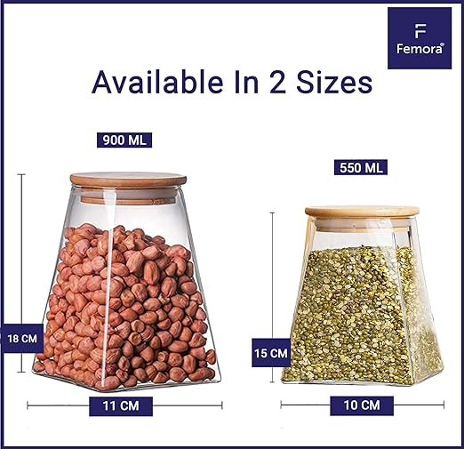 Femora Kitchen Storage Jars Borosilicate Glass Jars for Kitchen With Wooden Lid Air Tight Jar | 900 Ml | Pack of 2