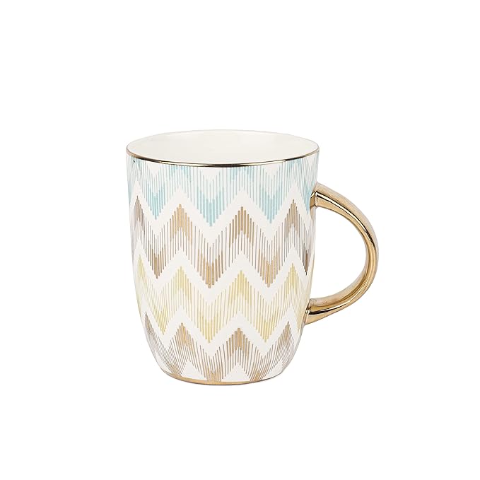Femora India Pastel Chevron Caremic Coffee Mugs | 360 Ml, Golden | 1 Piece Set | Not Microwave Safe