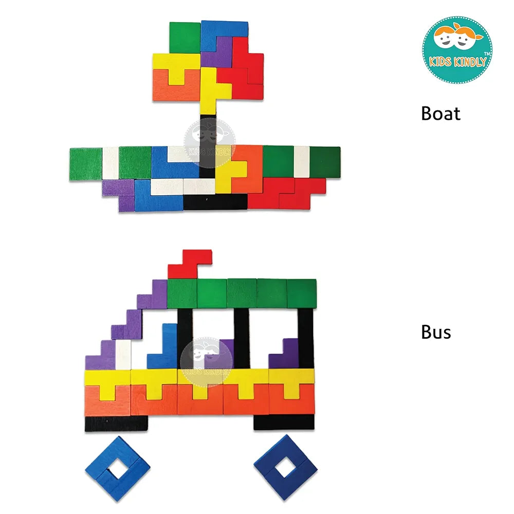 KIDS KINDLY Wooden Jigsaw Puzzle, Tetris Board Game, Monteszori Toys for Preschoolers, Multicolour, Age 3+