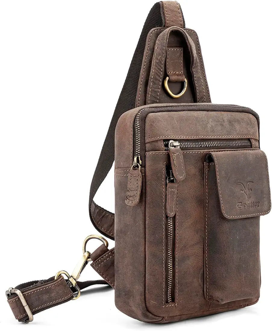 Goatter Genuine Leather Chest Crossbody Sling Backpack Bag Travel Bike Gym Daypack for Men And Women