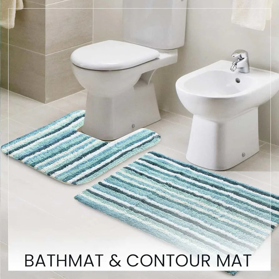 Sashaa World Striped Anti Skid Bathmat & Contour Set Colour Blue & White Striped