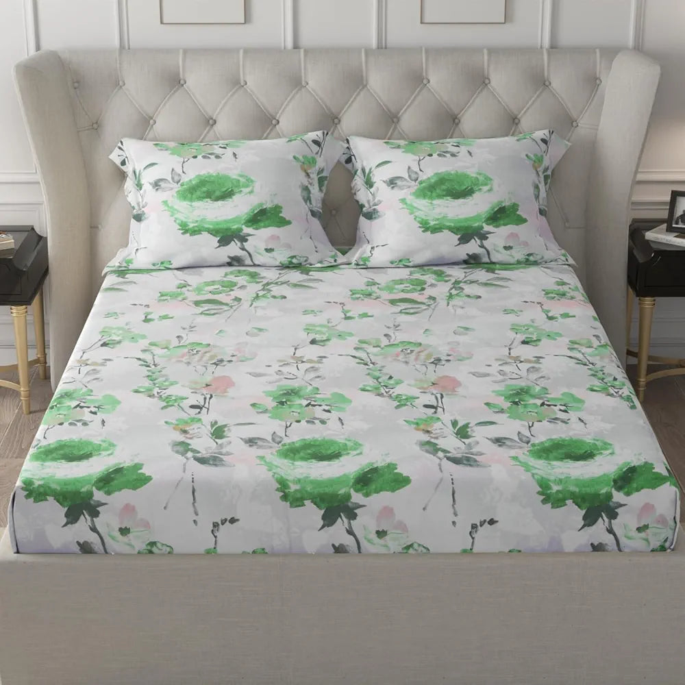 Cloth Fusion Glace Cotton Elastic Fitted Bedsheet for Double Bed King Size with 2 Pillow Covers Garden Mist