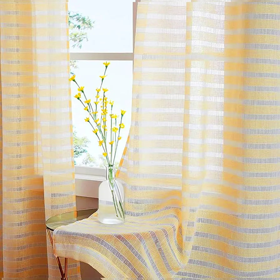 Urban Space Polyester Stripes Aari Collection Weaved Sheer Curtains for Window 5ft Long Light Filtering Curtains with Eyelets & TieBack,Set of 2 Decorative Curtains Horizontal Weaves Yellow
