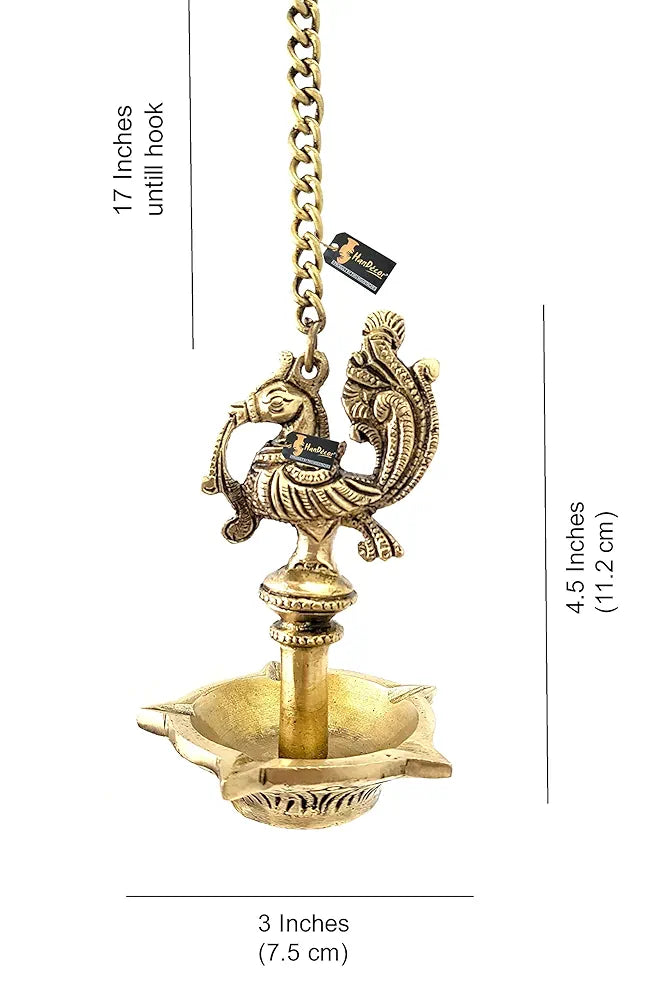 Two Moustaches Handmade Ethnic Peacock Design 5 Oil Wick Brass Hanging Diya