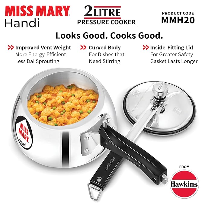 Hawkins 2 Litre Miss Mary Handi Pressure Cooker Small Inner Lid Cooker Silver Aluminium
