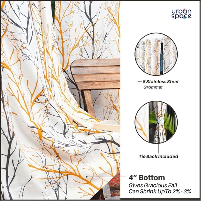 Urban Space Cotton Curtains for Door Set of 2 with Eyelets and tieback (Colou Branch Yellow)